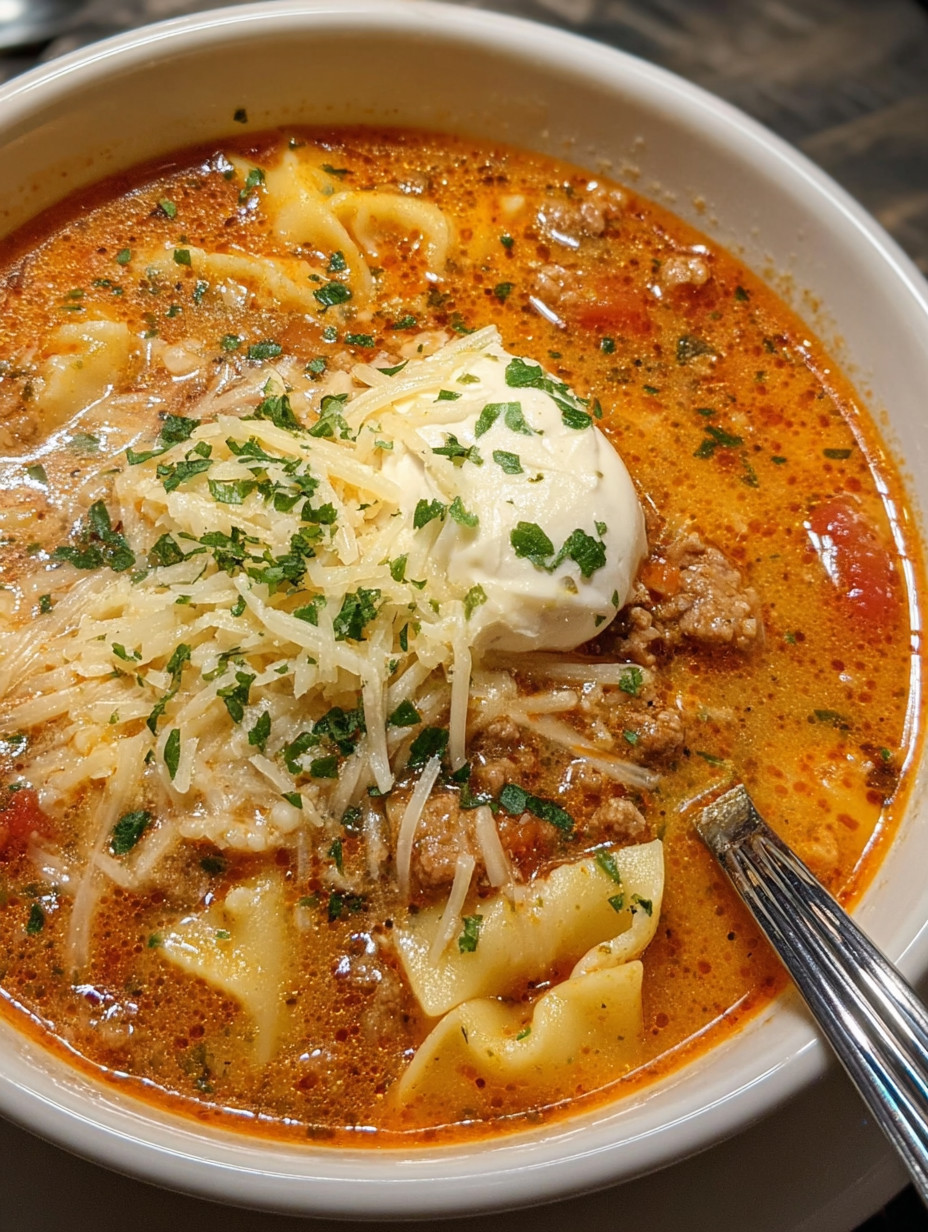 A bowl of lasagna soup with noodles and cheese.