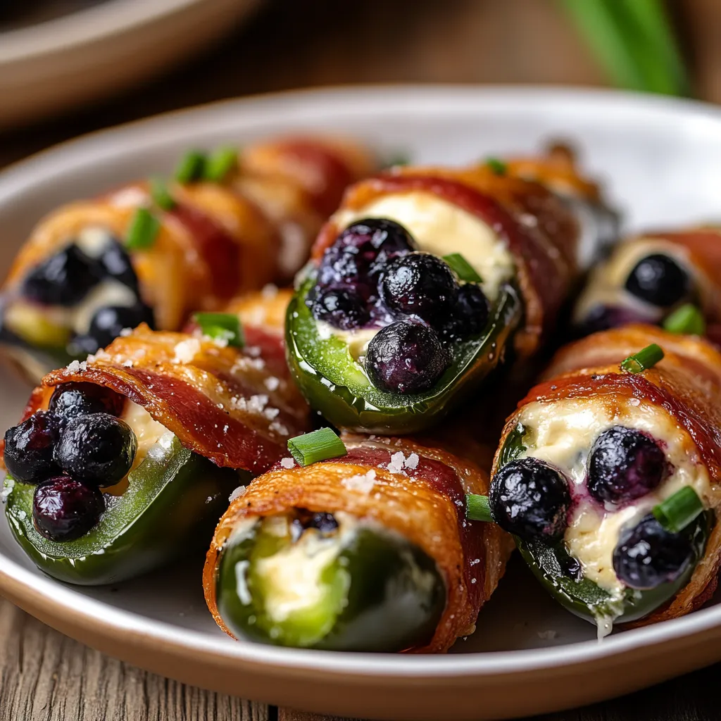 A plate of bacon wrapped food with blueberries and cheese.