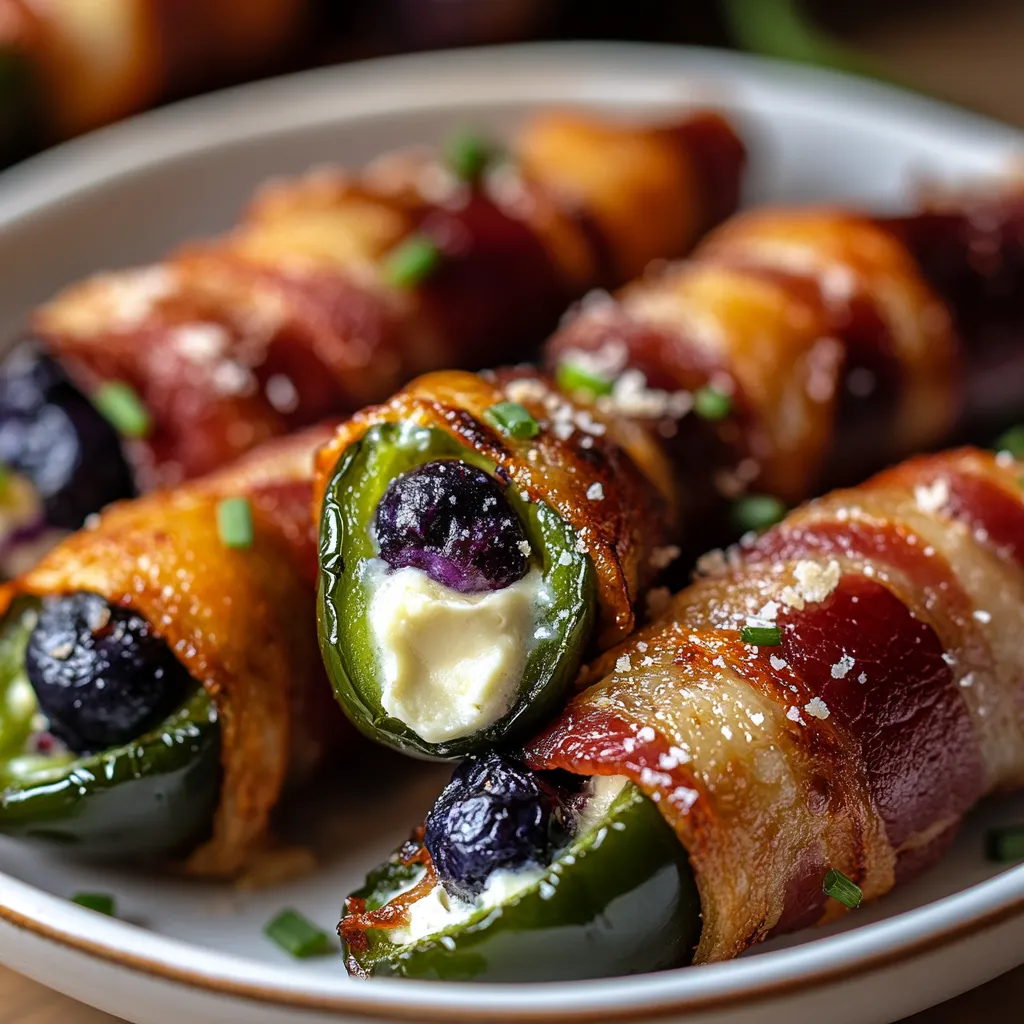 A plate of bacon wrapped food with blueberries.