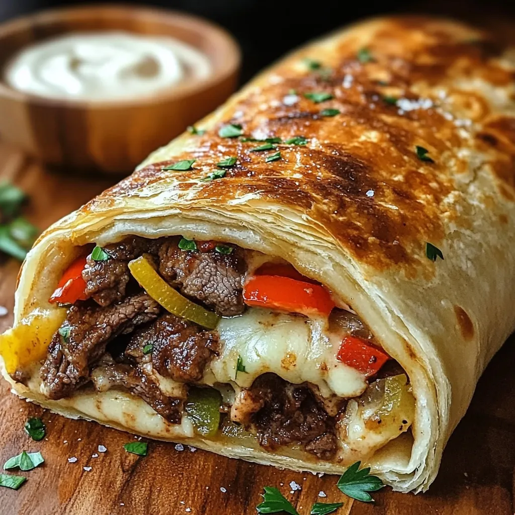 A burrito with meat, peppers, and cheese.