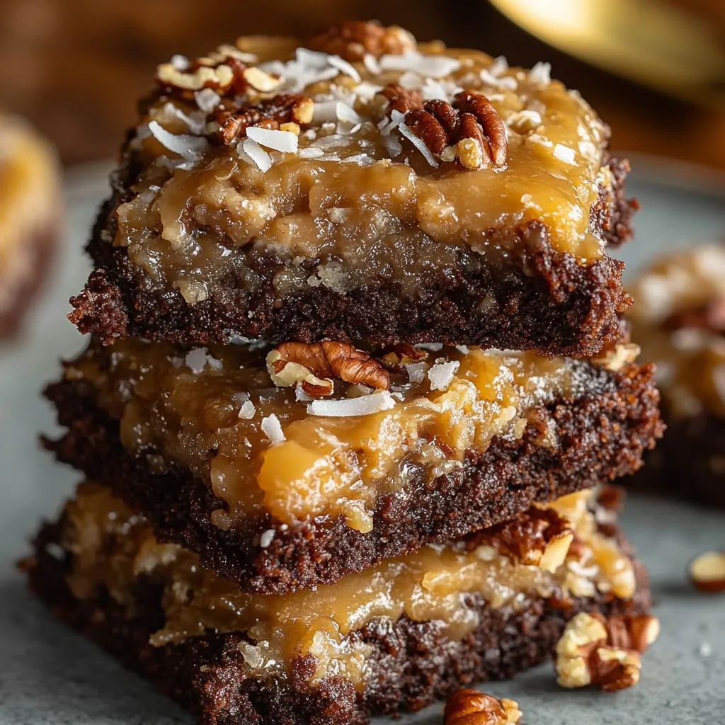 A stack of brownies with nuts on top.