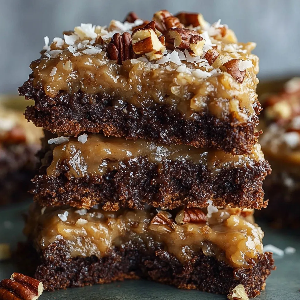 A stack of brownies with nuts on top.