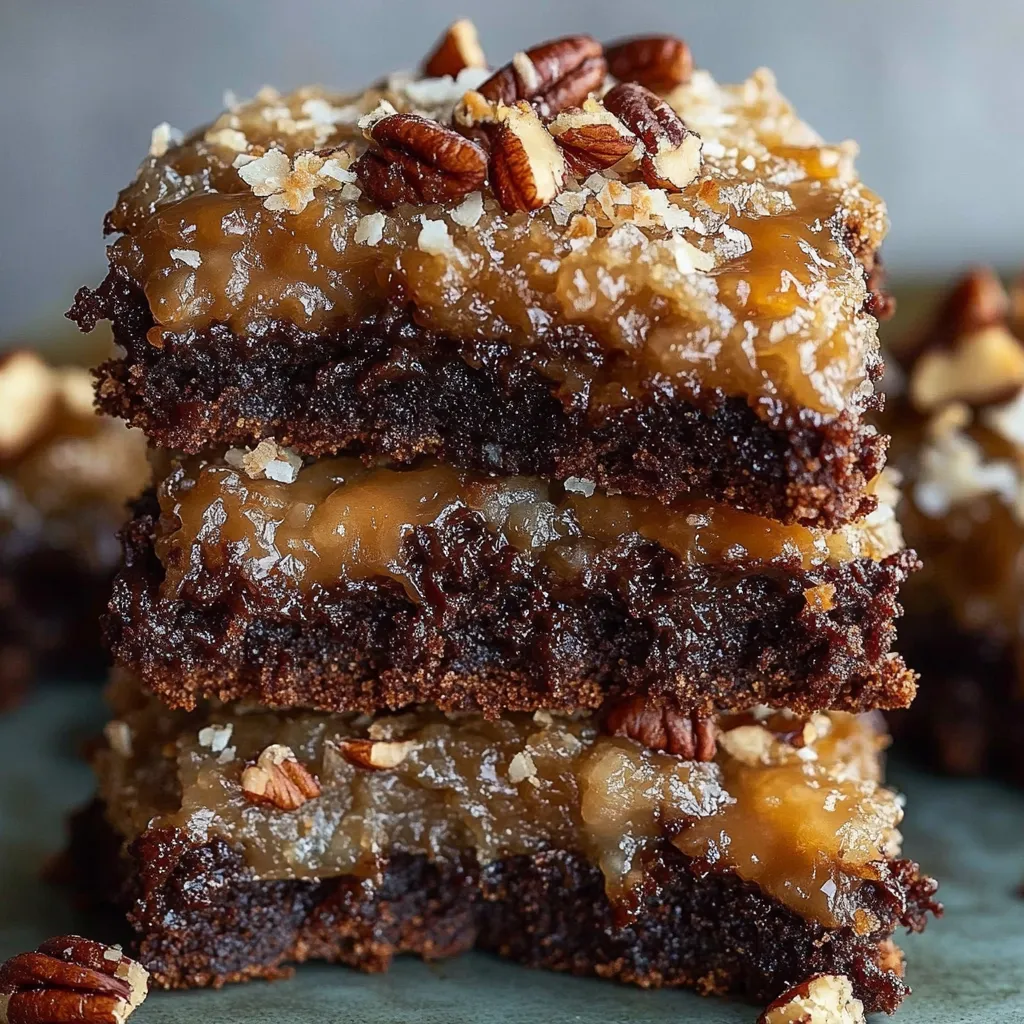 A stack of brownies with nuts on top.