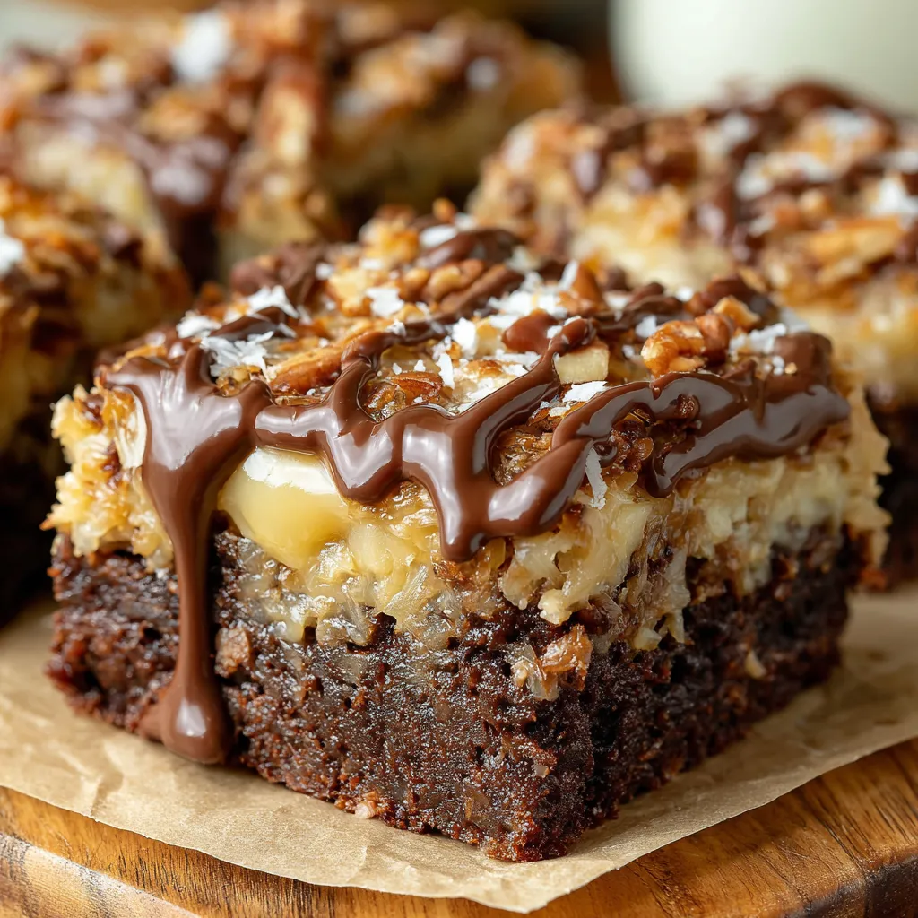 A close up of a German chocolate brownie.