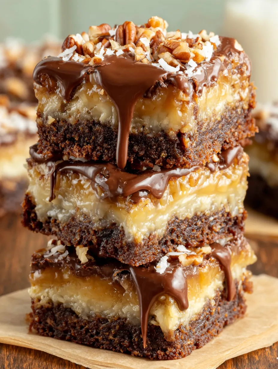 German chocolate brownies with chocolate drizzle.
