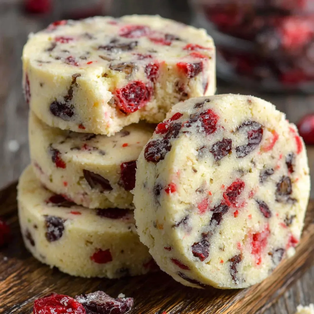 A stack of cherry chocolate shortbread cookies.