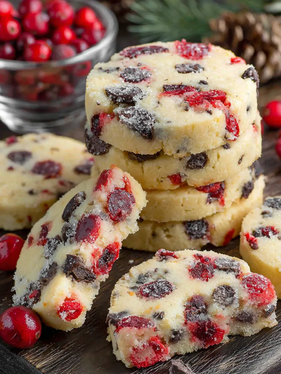 A stack of cherry chocolate shortbread cookies.