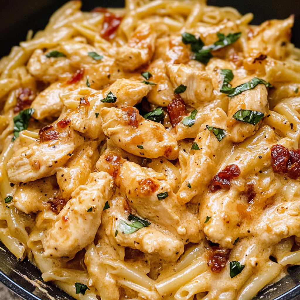 A bowl of chicken and pasta.