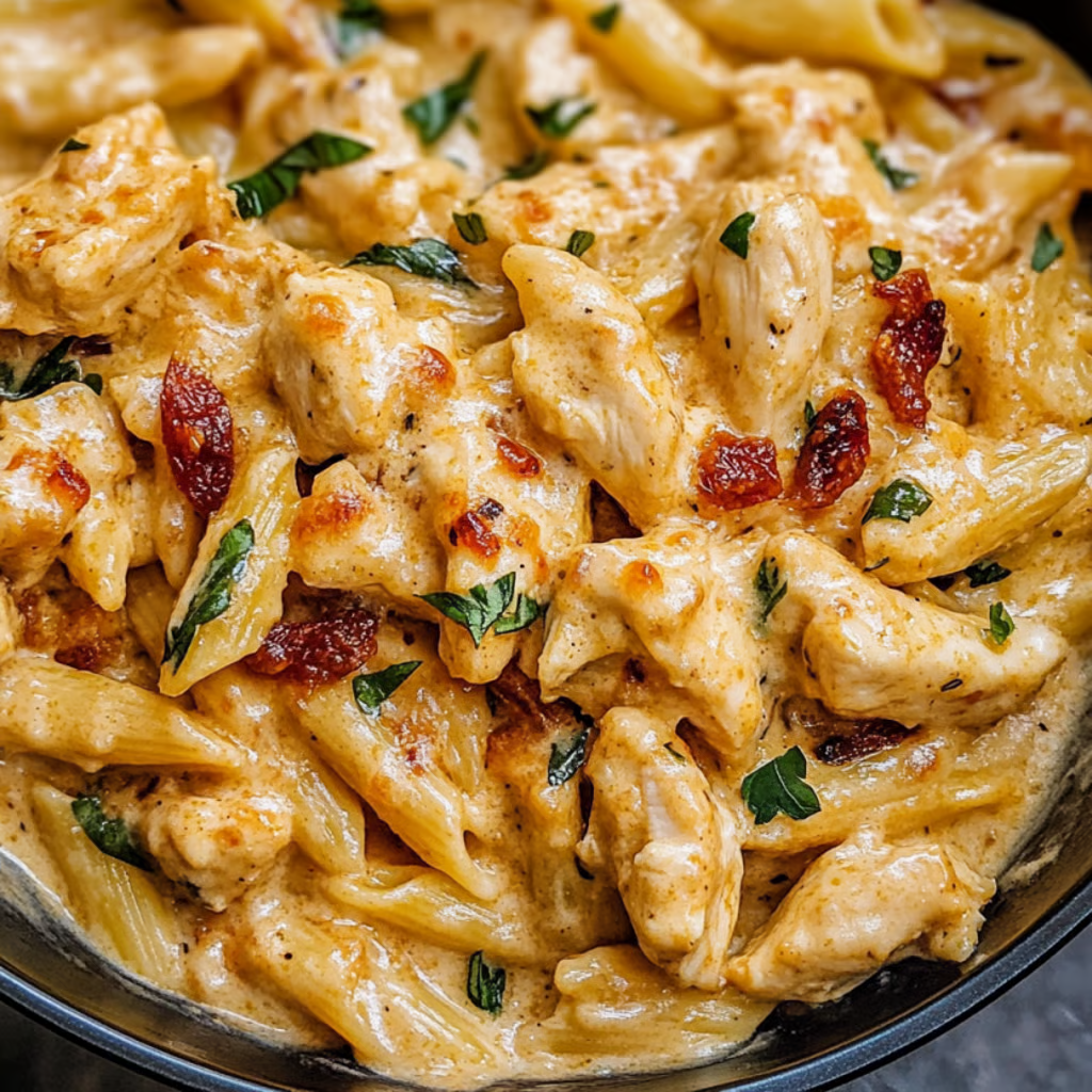 A bowl of chicken and pasta.