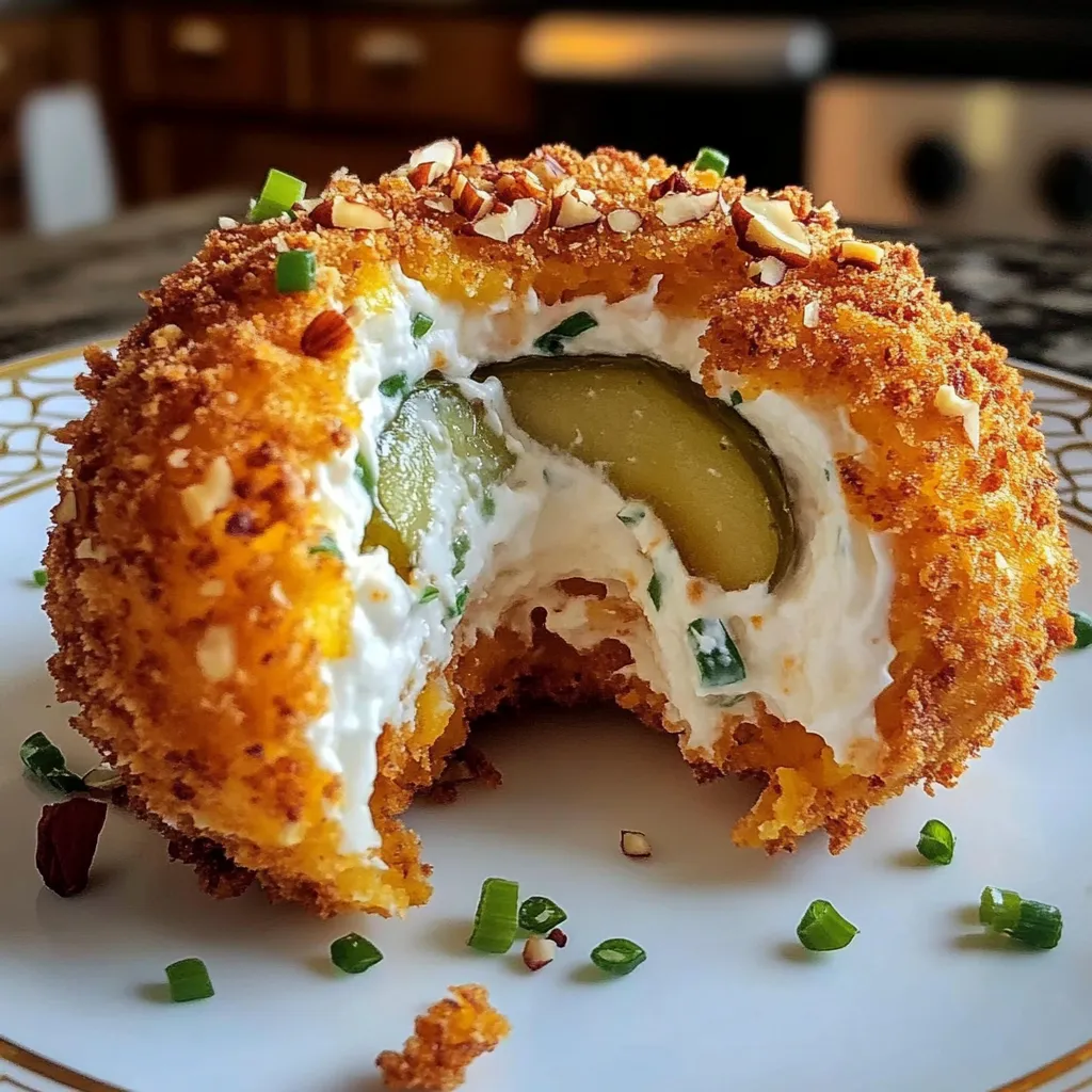 A piece of food with a slice of pickle in the middle.