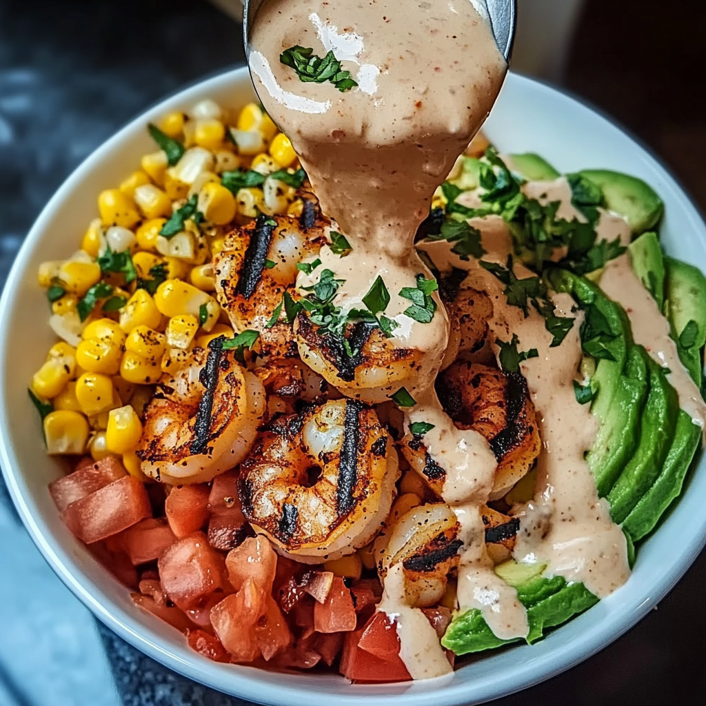 A bowl of grilled shrimp with avocado and tomato.