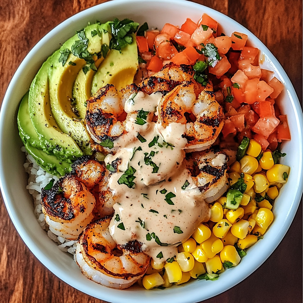 A bowl of food with shrimp, avocado, tomatoes, and rice.
