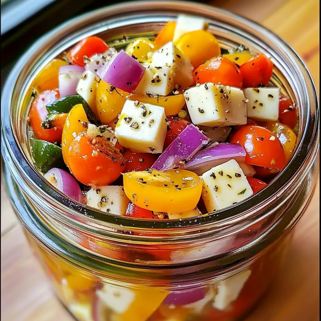 A jar of vegetables with onions, tomatoes, peppers, and cheese.