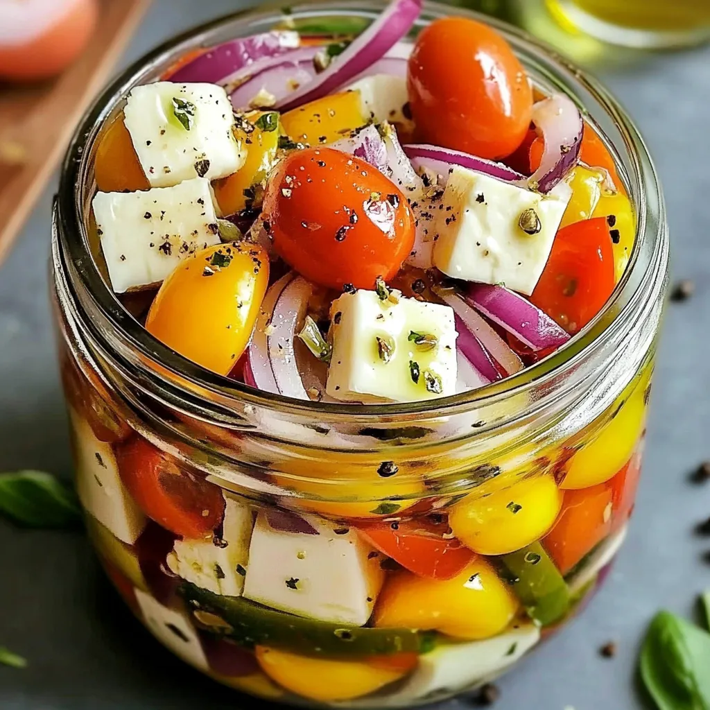 A glass jar filled with vegetables and feta cheese.