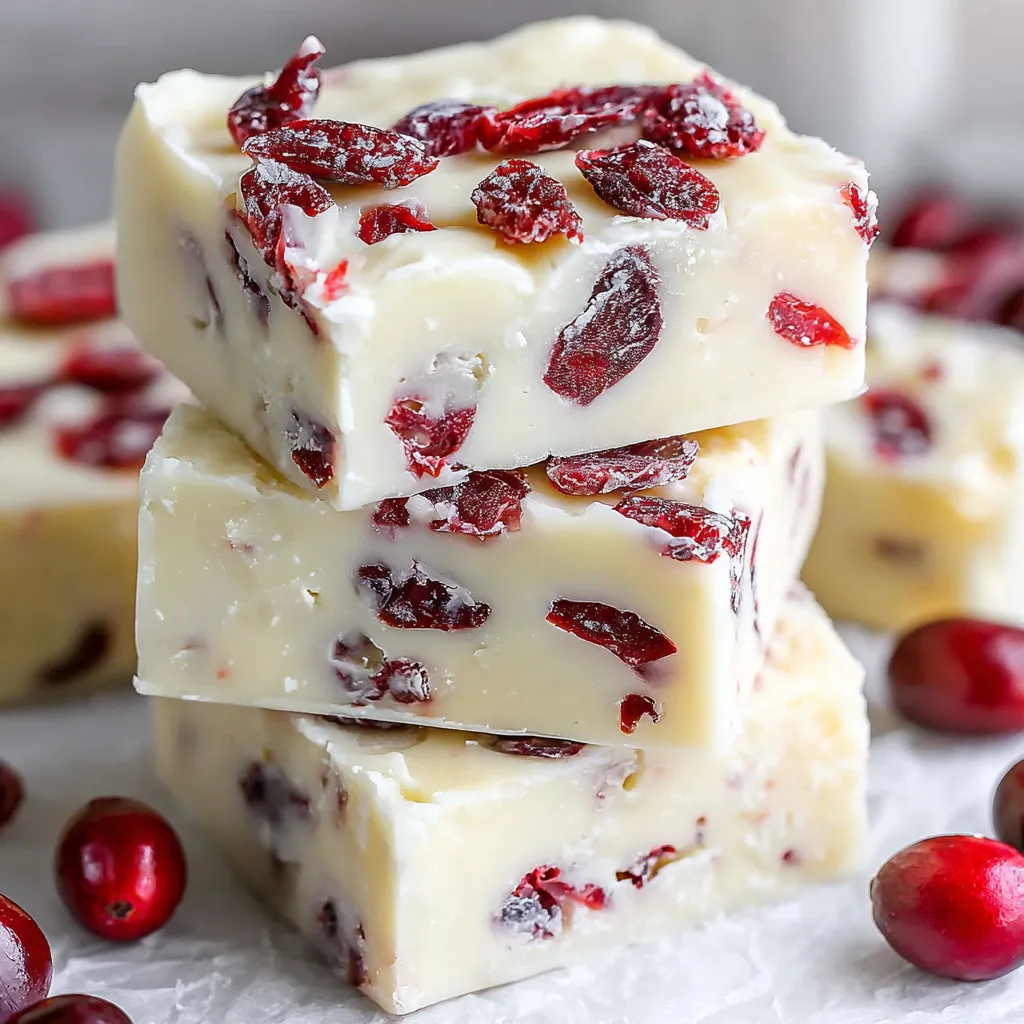 A stack of white chocolate cranberry fudge.