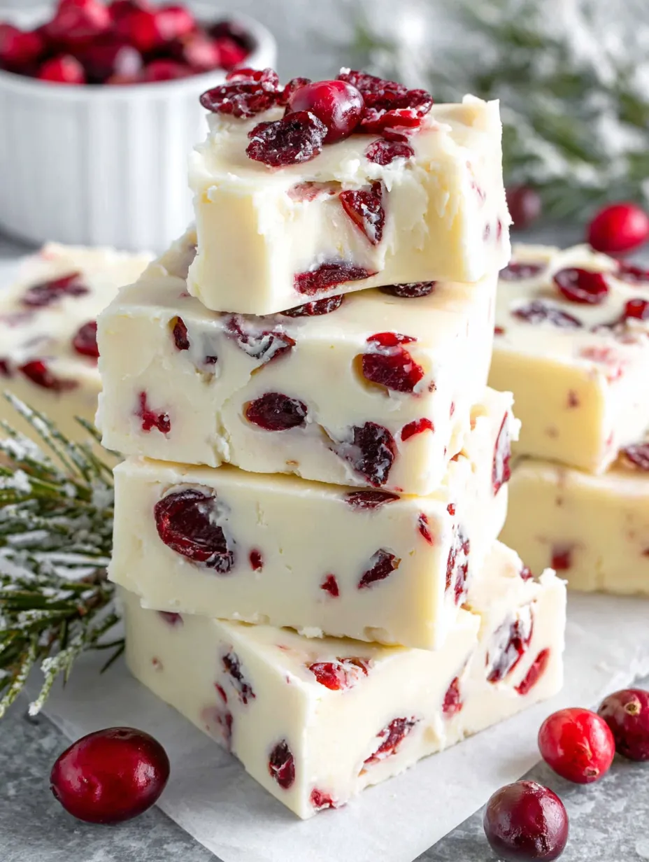 A stack of white chocolate cranberry fudge.