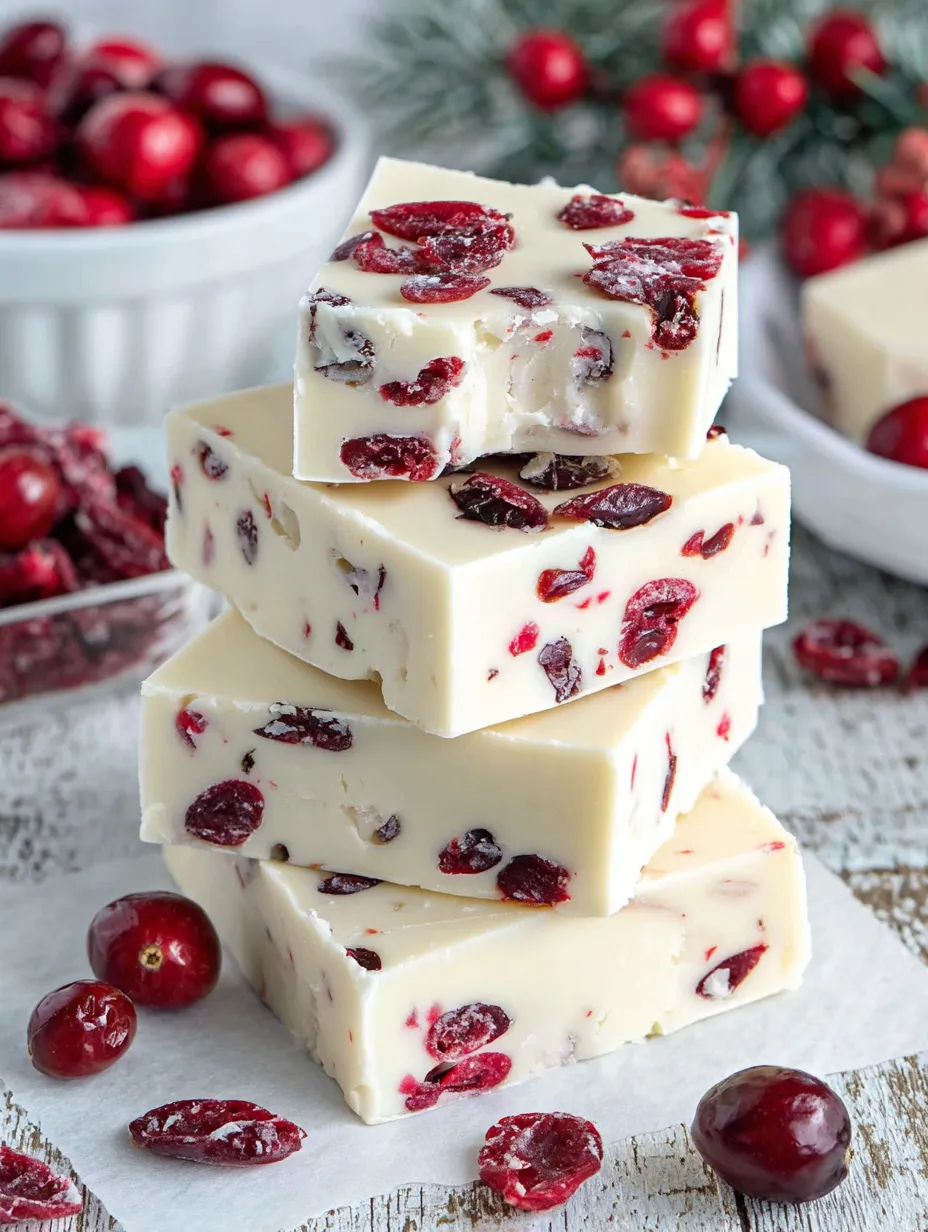 A stack of white chocolate cranberry fudge.