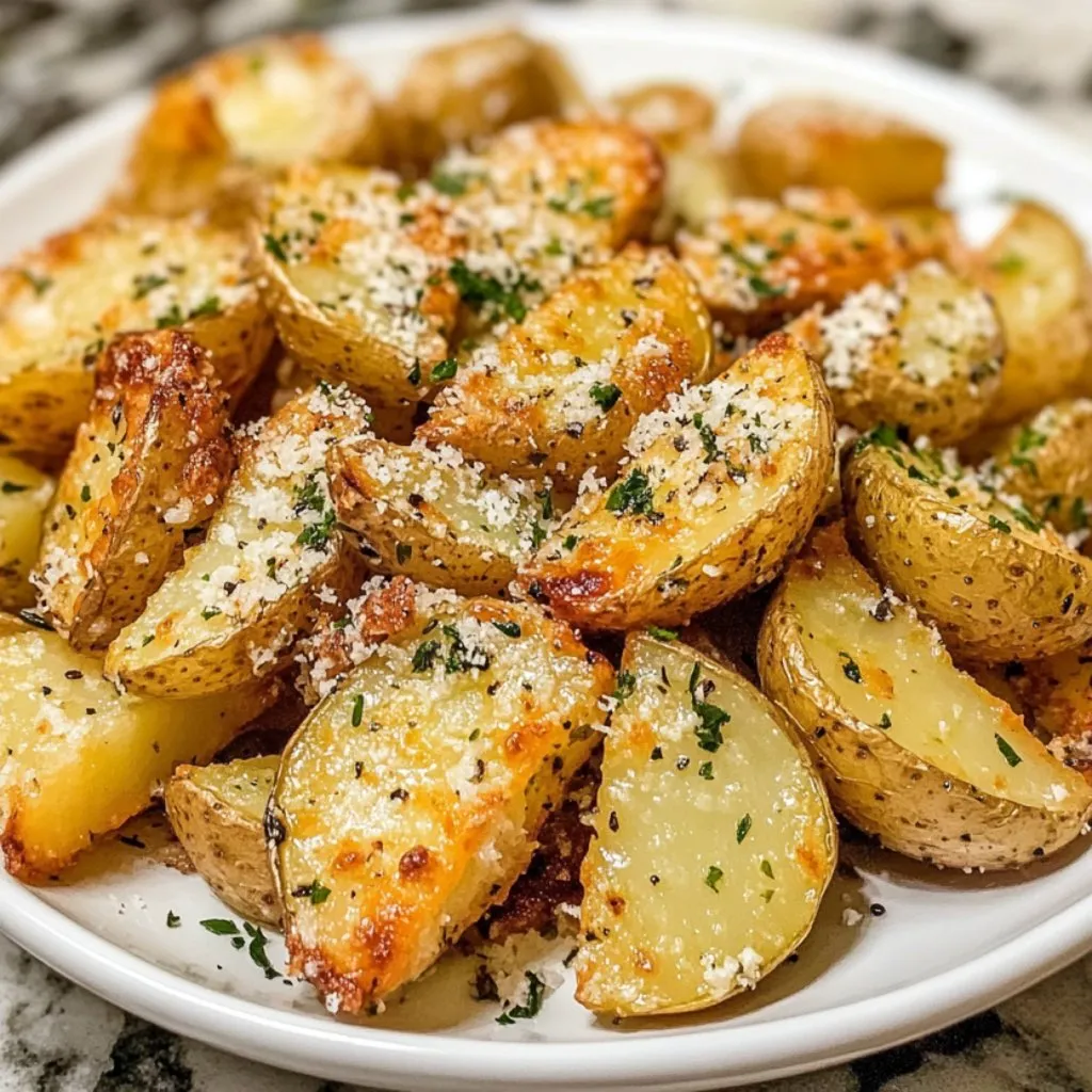A plate of roasted garlic parmesan potatoes.