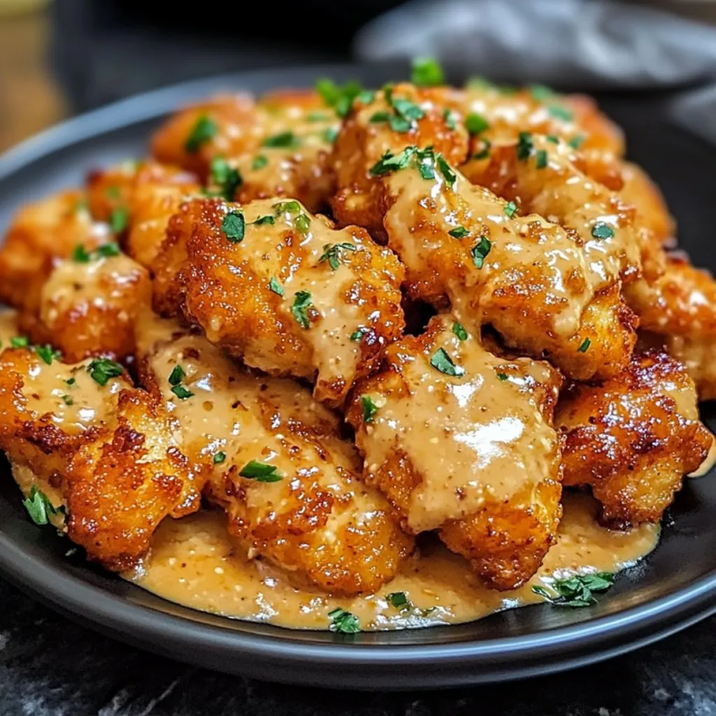 A plate of bang bang chicken with sauce.