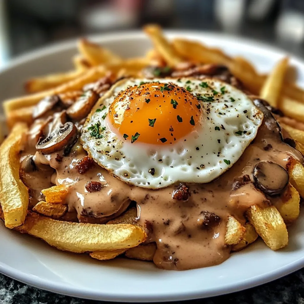 A plate of fries with an egg on top.