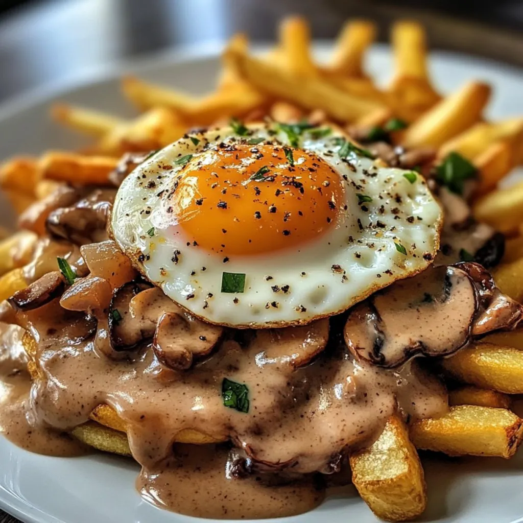 A plate of fries with an egg on top.