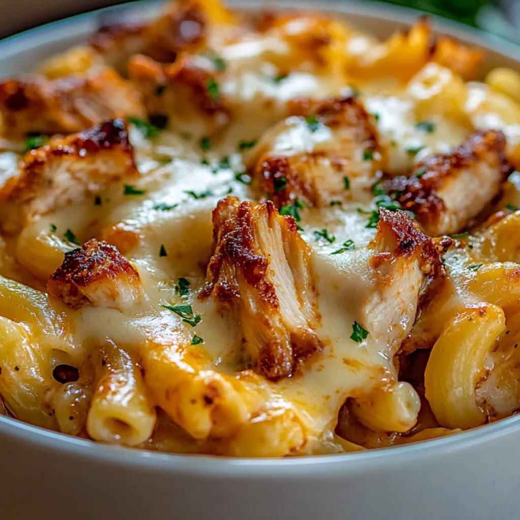 A bowl of BBQ chicken mac and cheese.