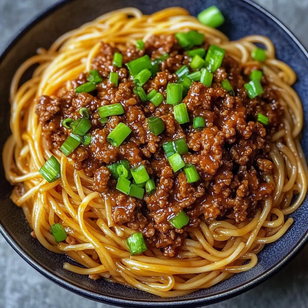 A bowl of Asian ground beef noodles.