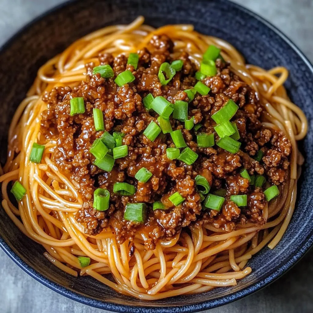 A bowl of Asian ground beef noodles.