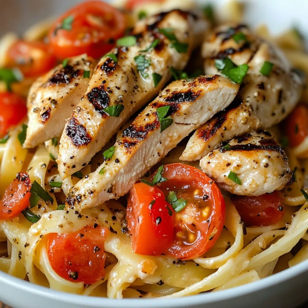 A bowl of pasta with chicken and tomatoes.