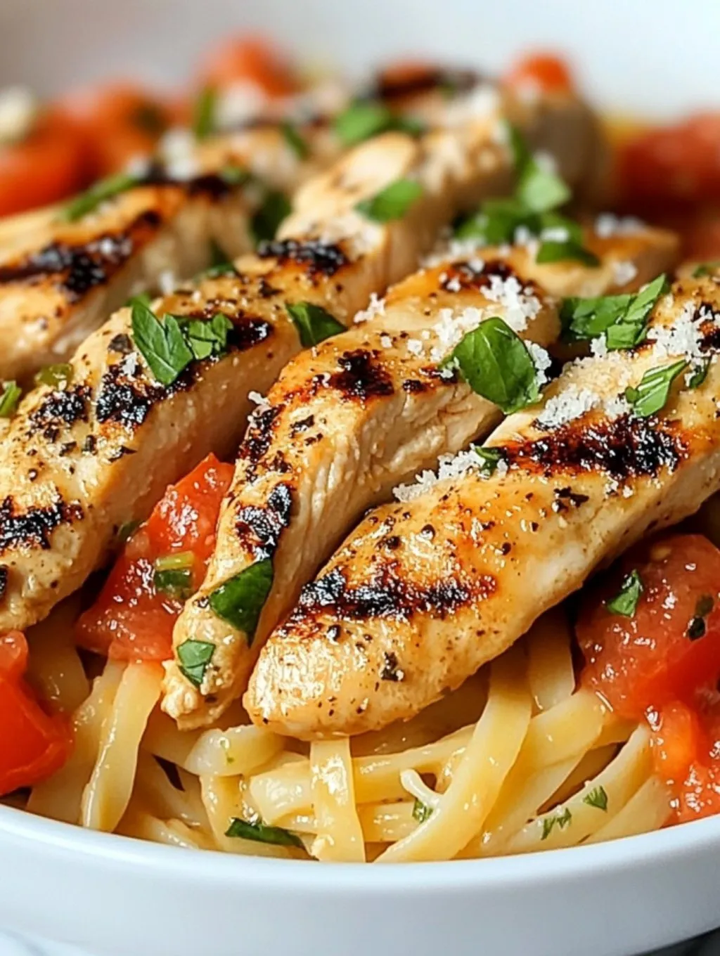 A dish of chicken, tomatoes, and pasta.