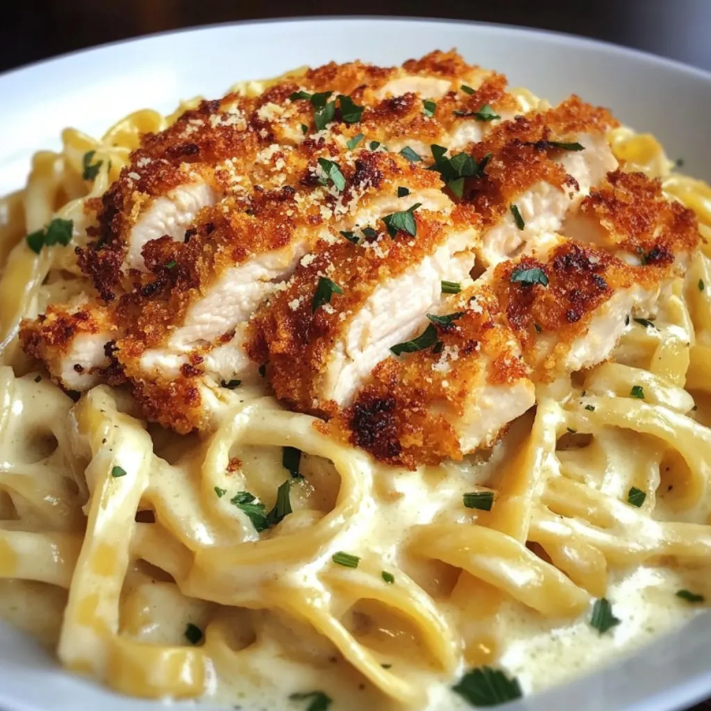 A plate of pasta with chicken and herbs.