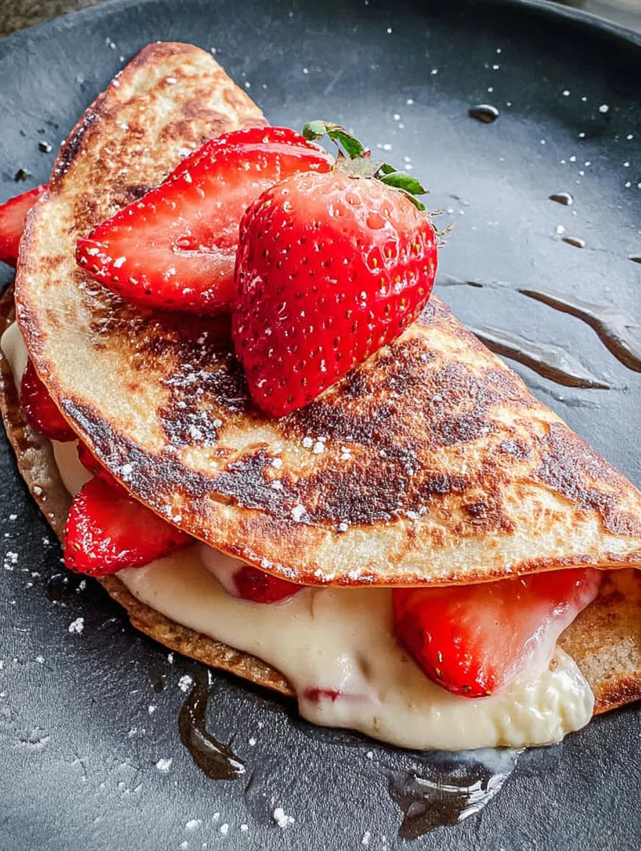 A quesadilla with strawberries on top.