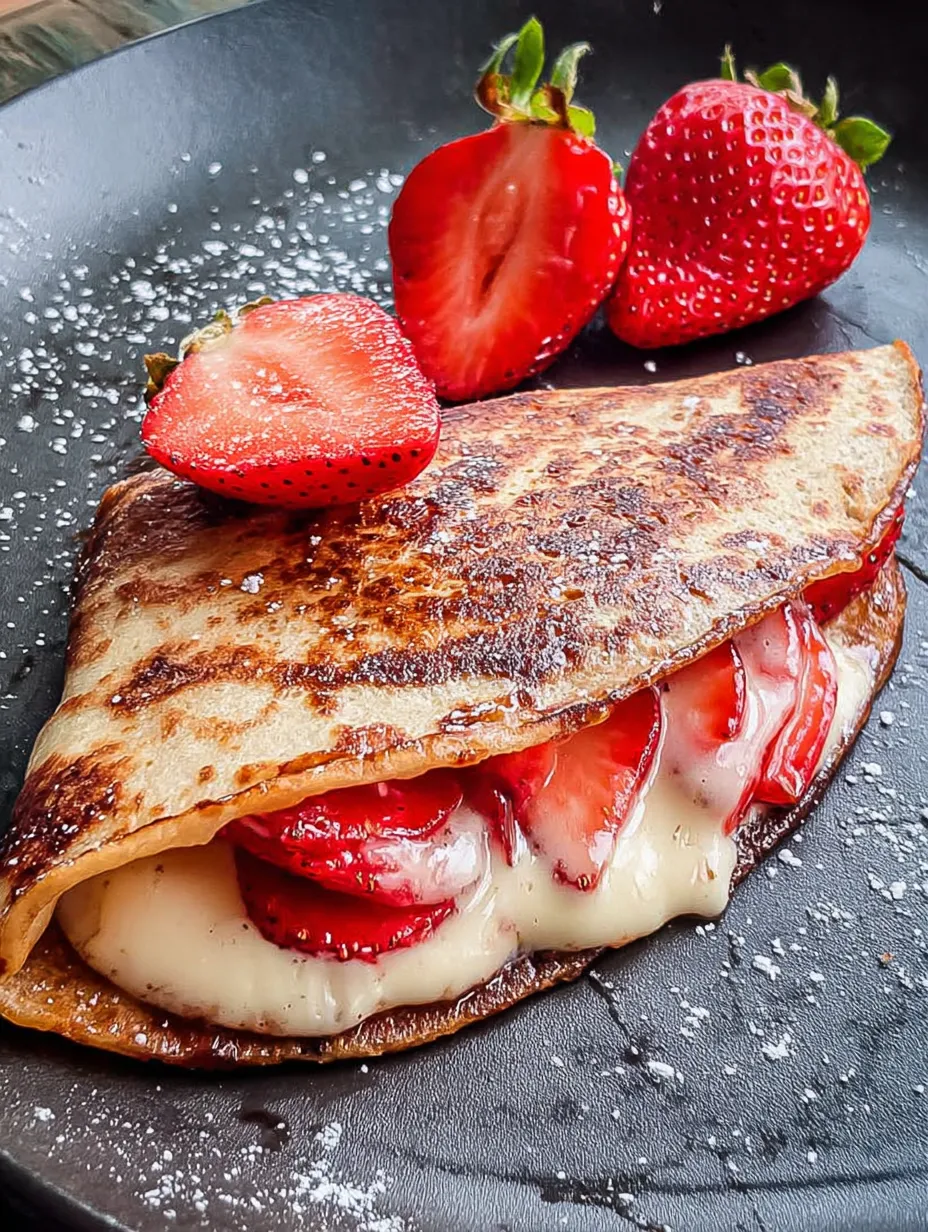 A quesadilla with strawberries and cream on top.