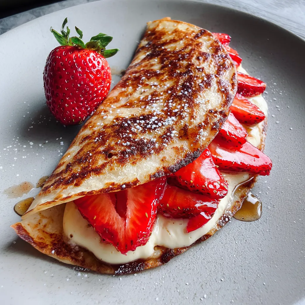 A quesadilla with strawberries and whipped cream on top.