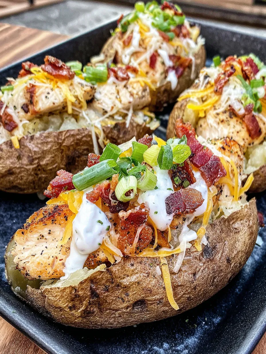 A baked potato with chicken and bacon on top.