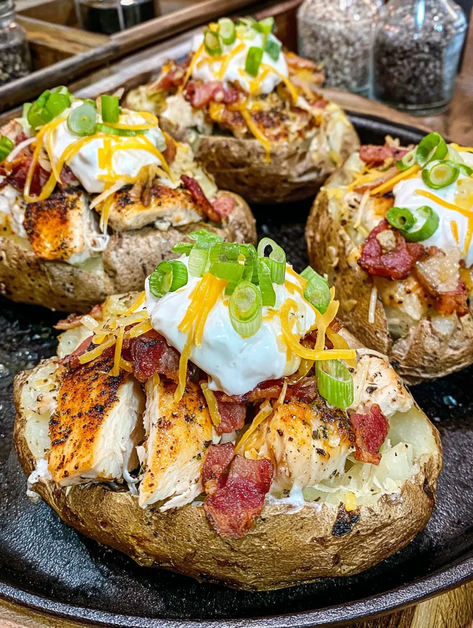 A plate of baked potatoes with chicken and bacon.