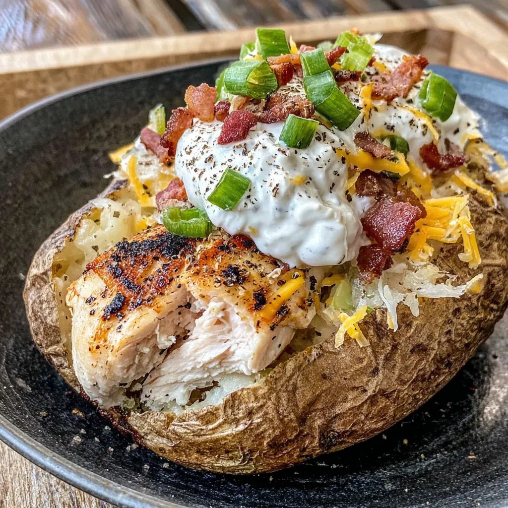 A baked potato with chicken and bacon on top.