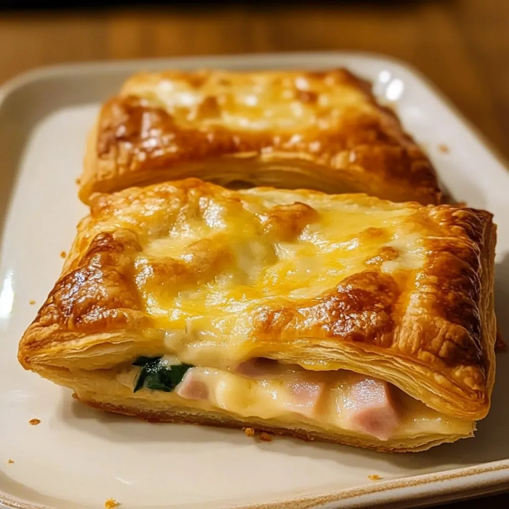 Two flaky ham cheese pastries on a plate.