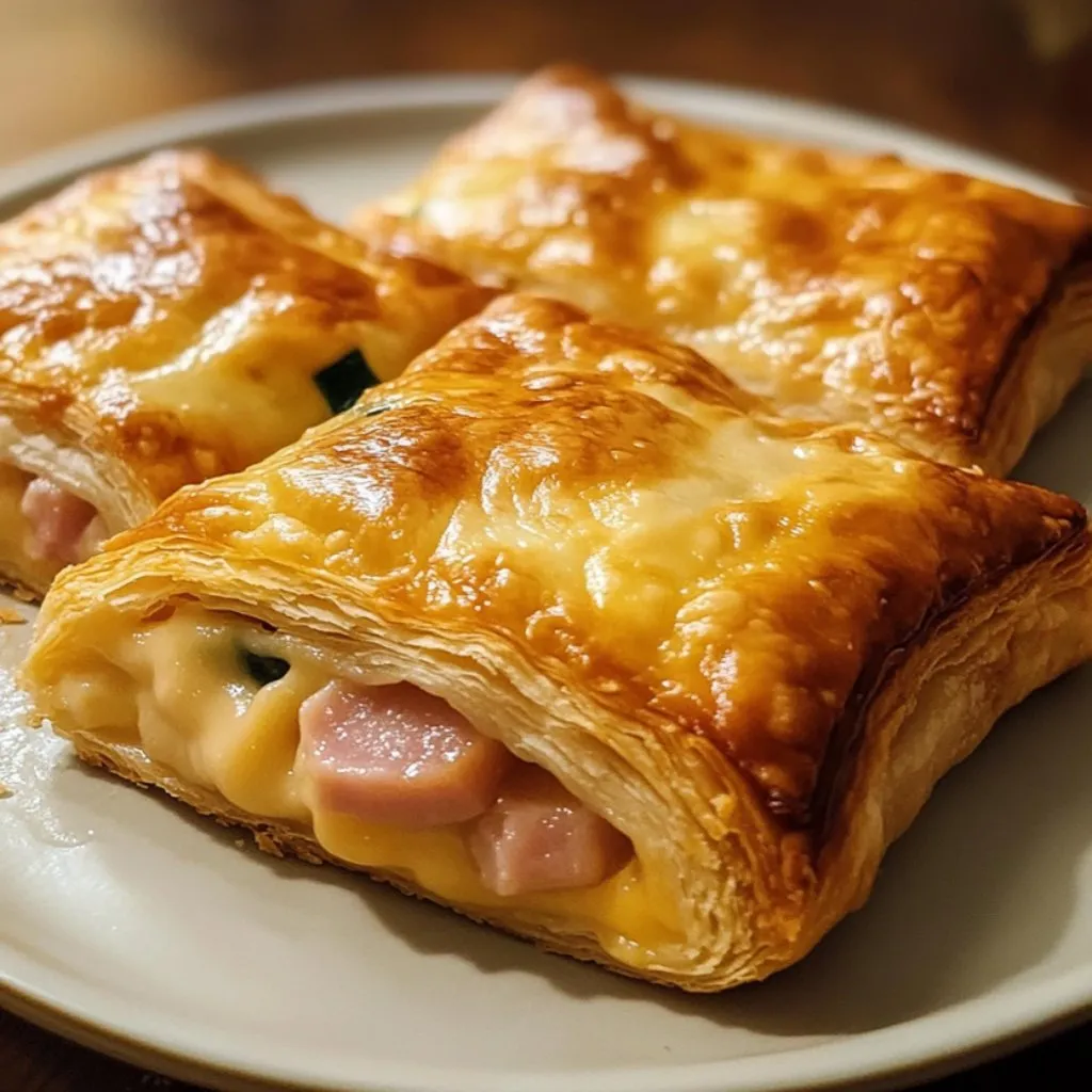 Two pieces of flaky ham cheese pastries.