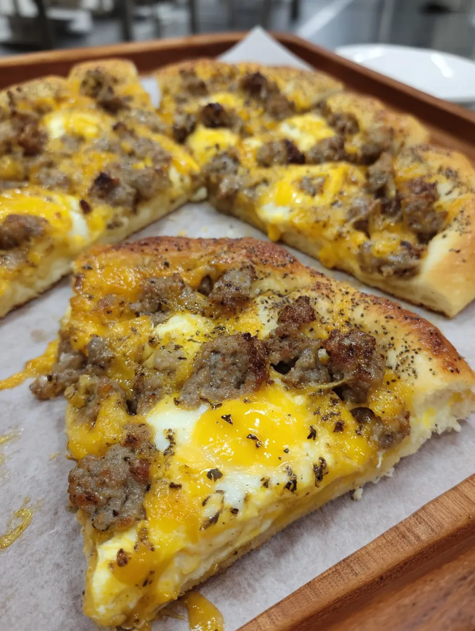 A slice of a breakfast pizza with sausage and cheese.