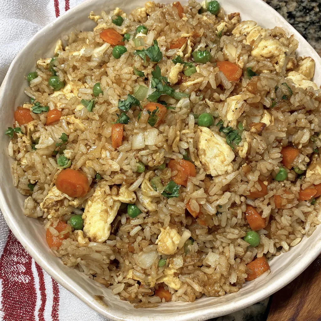 A bowl of rice with peas and carrots.
