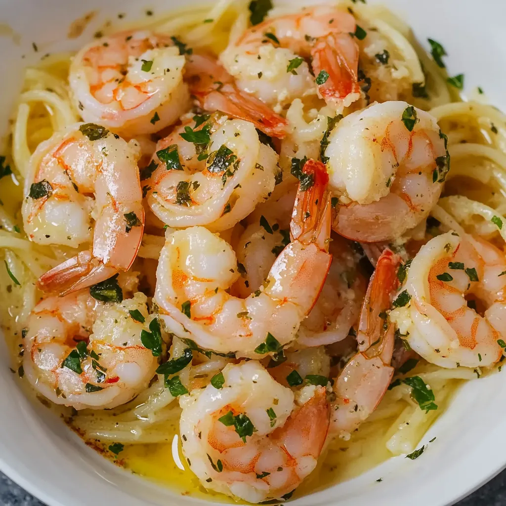 A bowl of shrimp scampi pasta bake.