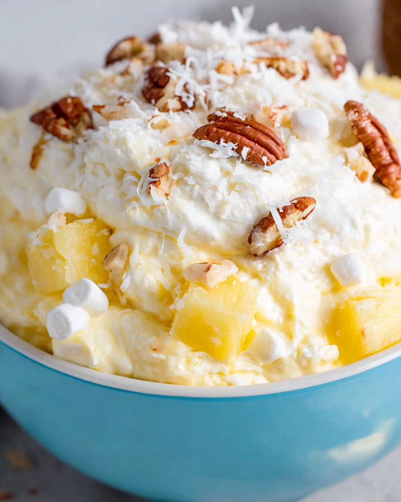 A bowl of pineapple fluff with nuts on top.