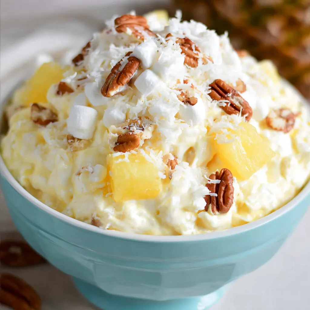 A bowl of pineapple fluff with nuts on top.