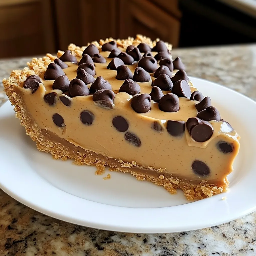 A slice of pie with chocolate chips on a white plate.