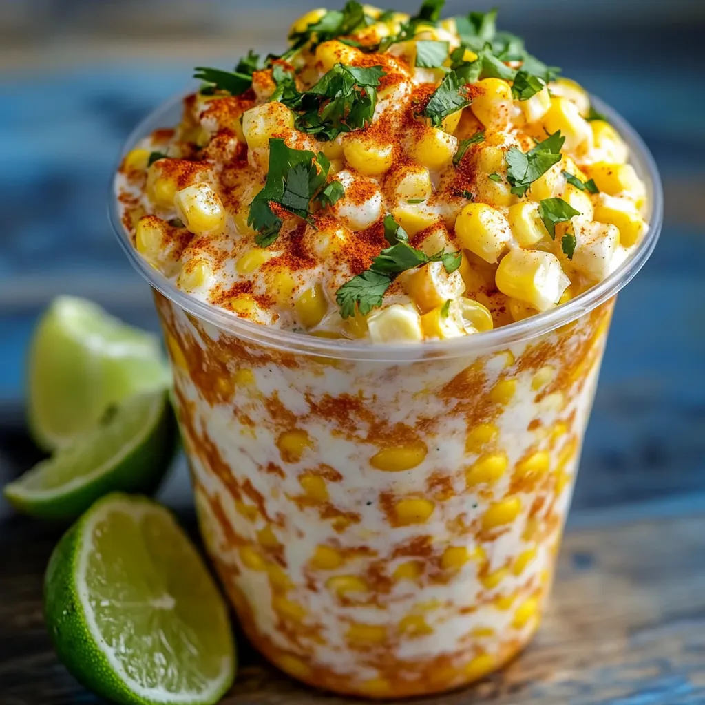 A cup of corn with lime wedges.