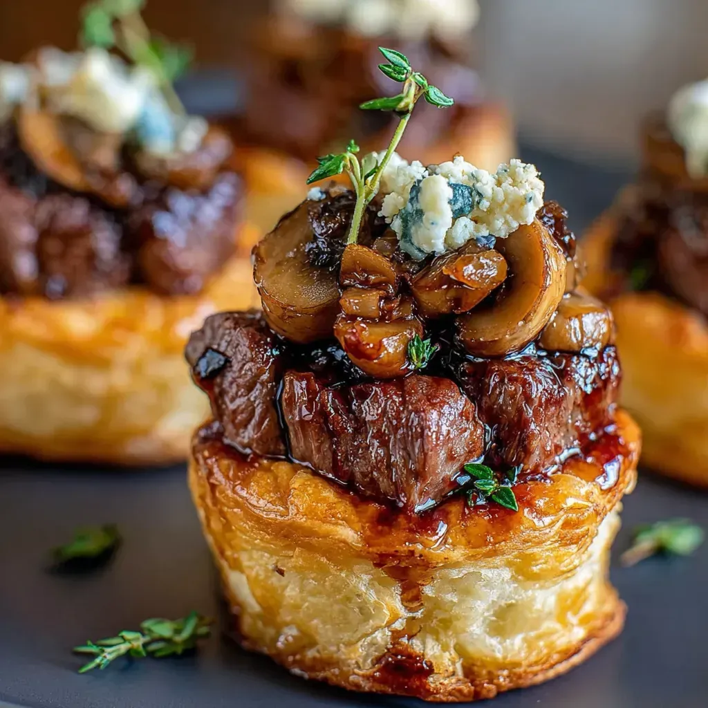 Mini beef wellington bites with blue cheese and mushrooms.