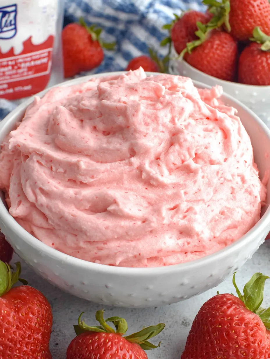A bowl of pink whipped cream with strawberries on top.