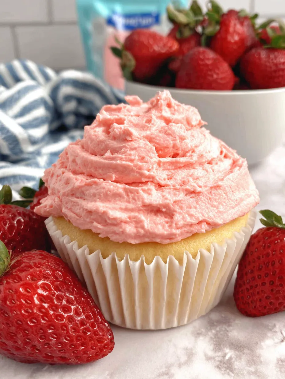 A cupcake with pink frosting and strawberries on top.