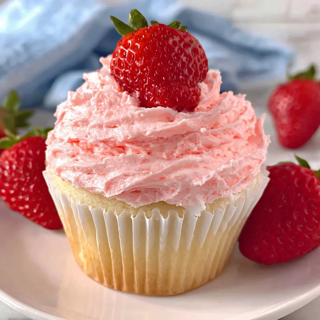 A cupcake with strawberries on top.